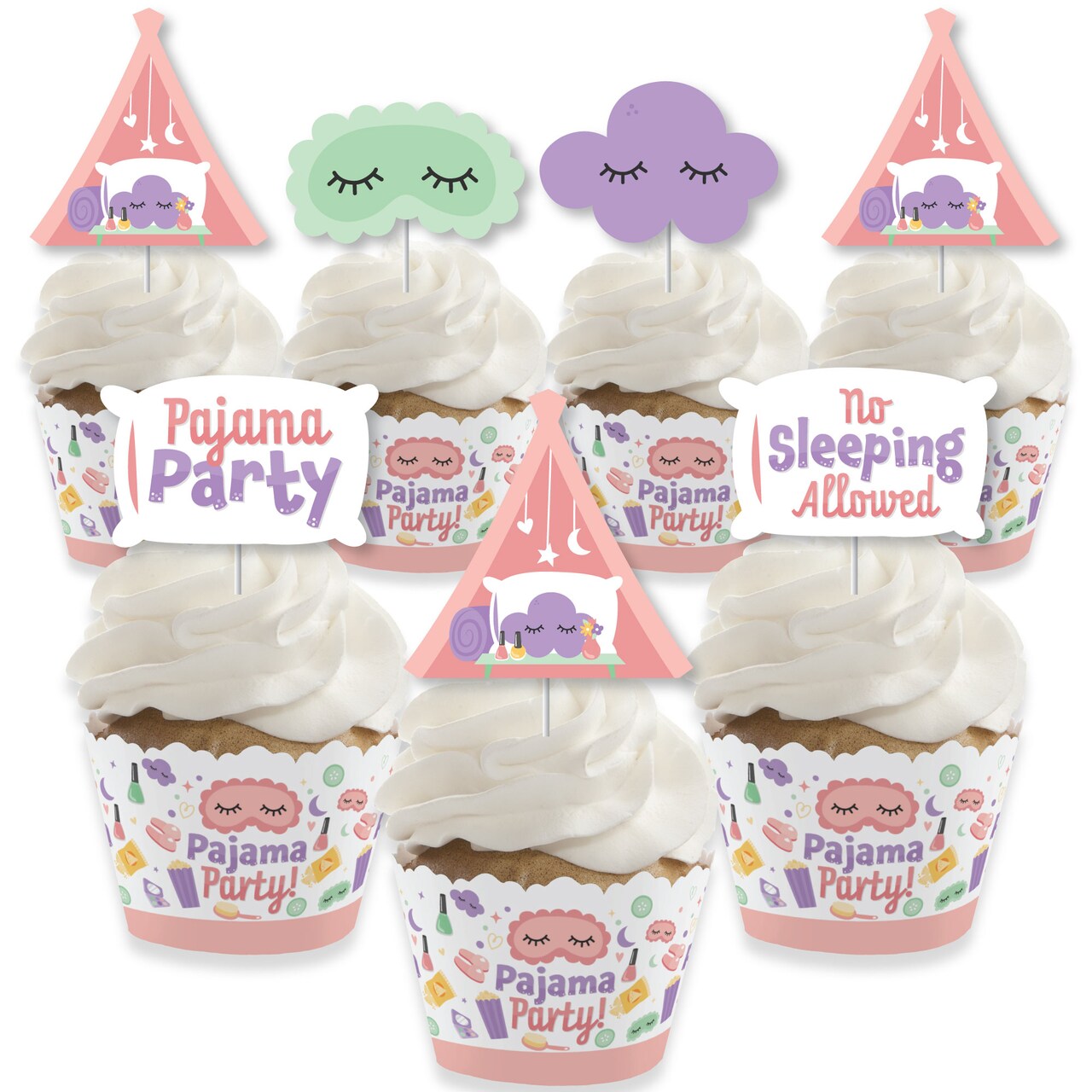 Big Dot of Happiness Pajama Slumber Party - Cupcake Decoration - Girls Sleepover Birthday Party Cupcake Wrappers and Treat Picks Kit - Set of 24